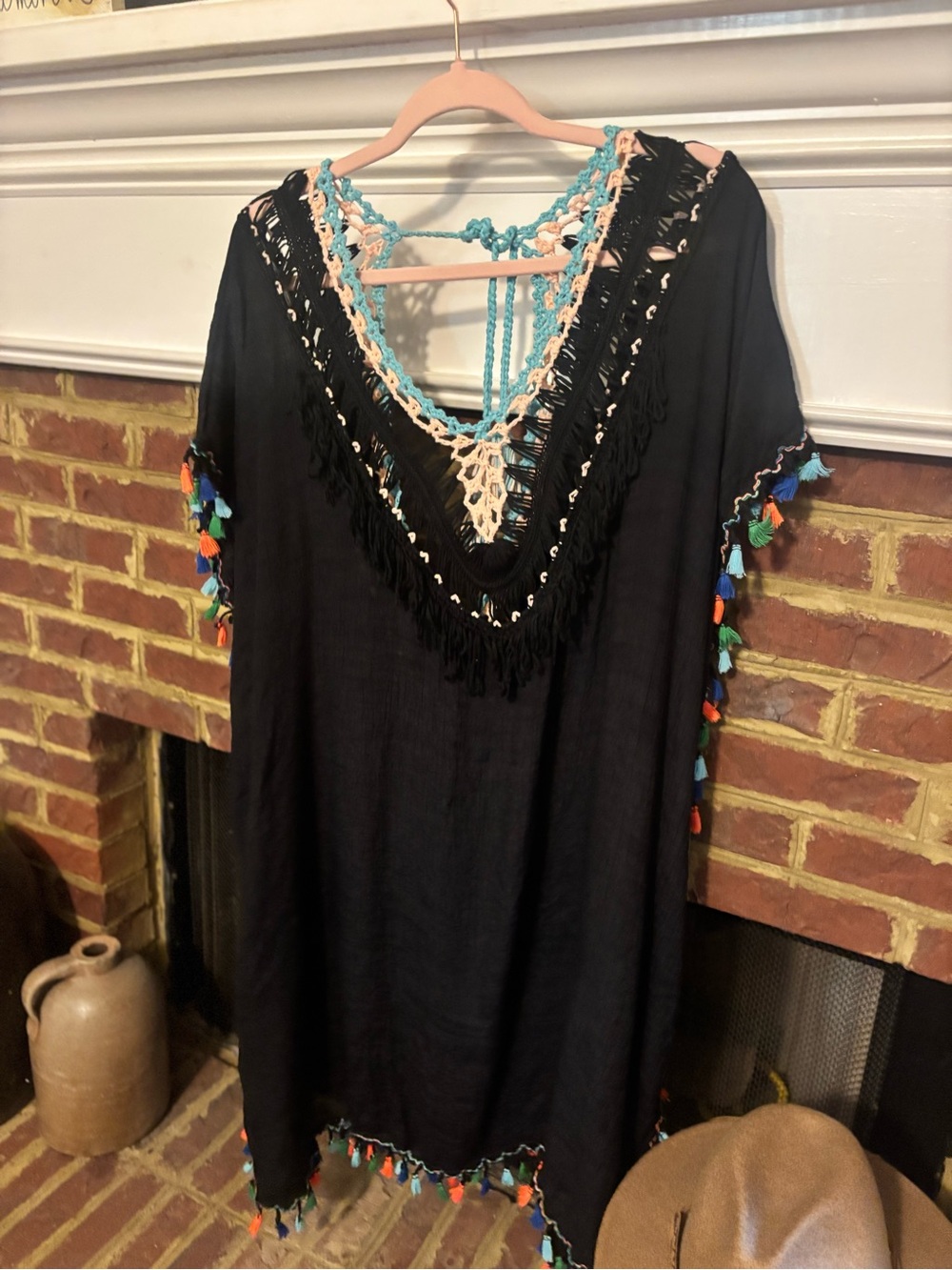 Black Tassel Crochet V-Neck Cover-Up with Colorful Accents